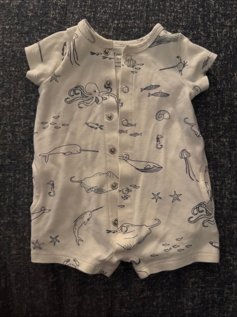Pehr Baby Short Sleeve One-Piece Romper in White with Navy Sea Life Print